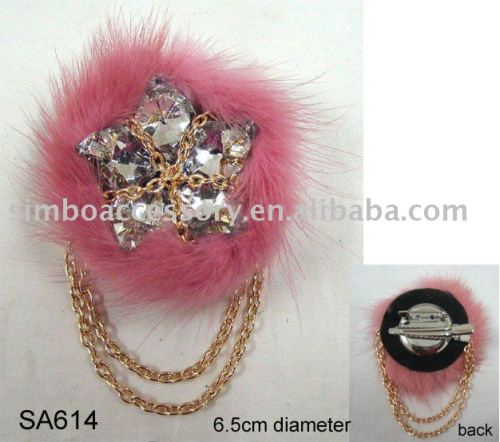 fashion rabbit fur ball with crystal star and link chain hair jewelry dangle hair clip brooch pin
