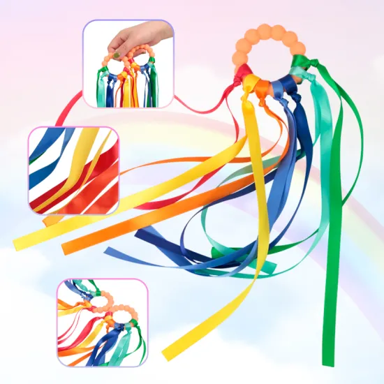 Food Grade Silicone Rainbow Ribbon Teether Montessori Toy for Babies