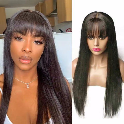 Straight Human Hair Wigs with Bangs 14 inch