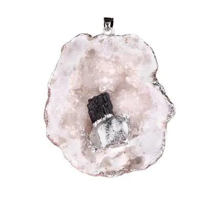 Black Tourmaline Bud Silver Druzy Crystal Cave Pendant Necklace 45CM Black Cord