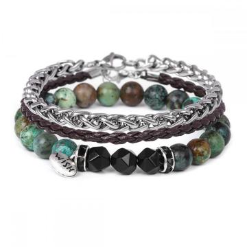 New Style 3pc a Set Gemstone Round Beads Bracelet Leather Bangle for Men