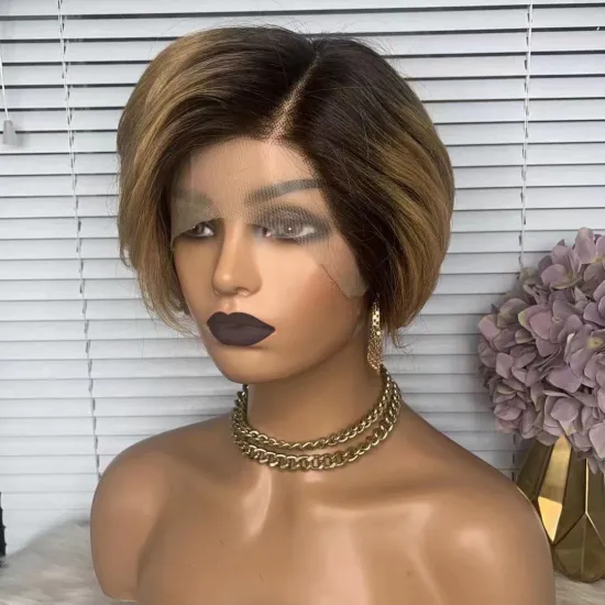Stock Ombre Two Tone Blonde Color 13x1 Glueless Peruvian Bob Human Hair Lace Front Pixie Cut Wigs