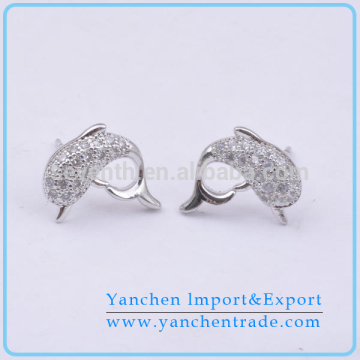 Dolphin Shaped Stud Earrings Designs with Micro Pave Rhodium Plated CZ Diamond