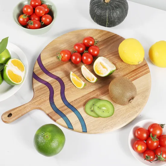 Customizable Acacia Wood Pizza Board for Kitchen: Long Handle, Round Design, Perfect for Cutting and Serving Pizzas