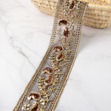 Wholesale 7.8cm 3D Glitter Sequin Embroidered Gold Edge Mesh Lace Trim with Beads for Evening Dresses