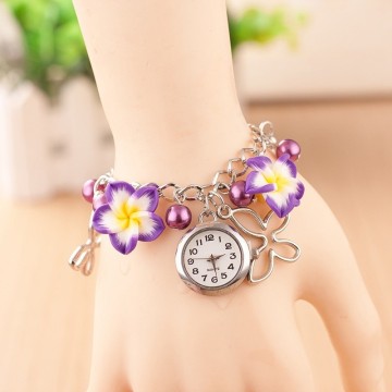Women Watch Colorful Clay Flower Bracelet Clocks Quartz Jewellry Watches