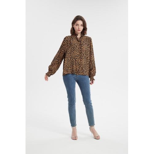 Long sleeve ruffle collar animal print blouse