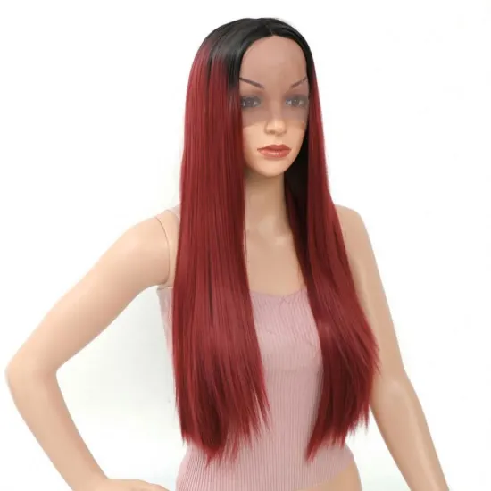 Synthetic Lace Front Wigs For Black Women Ombre Brown Color Long Soft Straight Wig Free Part Glueless Heat Resistant Wig