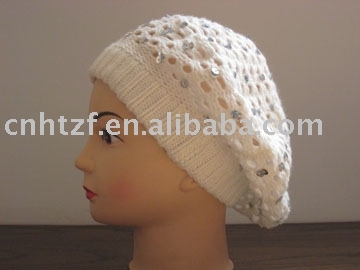 hand crocheted women's fashion beret with paillette