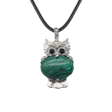 Malachite Oval Beads CZ Rhinestone Silver Owl Pendant Necklace 45cm Black Cord