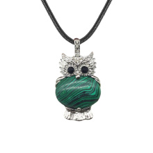 Malachite Oval Beads CZ Rhinestone Silver Owl Pendant Necklace 45cm Black Cord