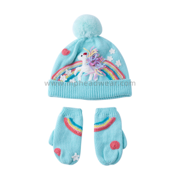 Set aus 100 % Acryl gestrickter Bommelmütze und Handschuhen