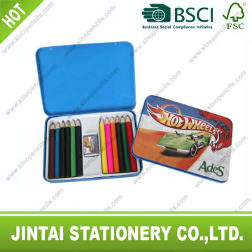 Round color pencil set packing in tin box with a eraser