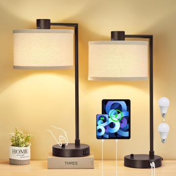 Dual-Port USB Bedside Lamp Fully Dimmable Reading Light