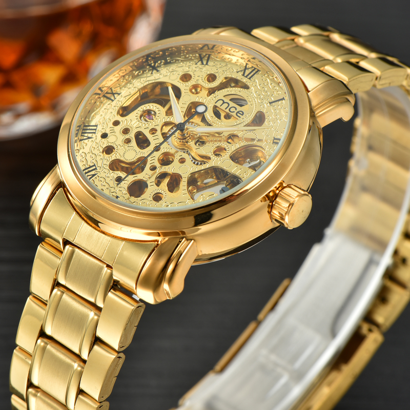 Gold 3 ATM Waterproof Mechanical Skeleton Watch