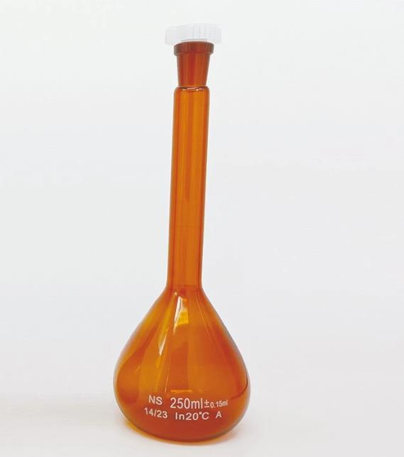 Flacon volumétrique en verre ambre avec stopper grade A