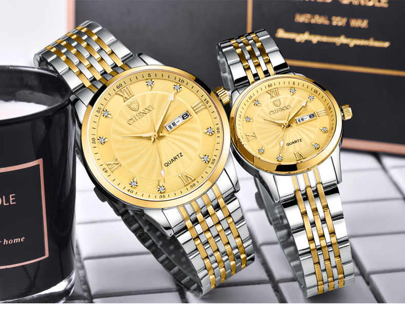 CHENXI 8212A-QL Luxury Couple Quartz Watch Set - Gold Stainless Steel