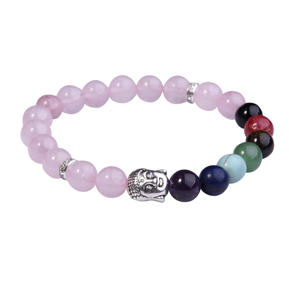 Pulsera de cuarzo rosa azul con 7 piedras preciosas de Chakra, budismo y aleación de Buda.