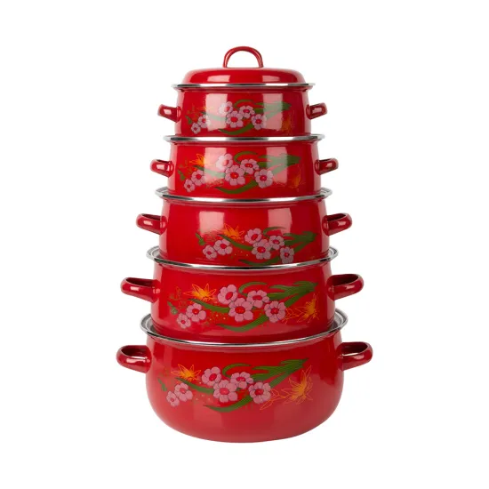 5 PCS Per Set Color Enamel Blue and Red Flowers Pot Cast Iron Enamel Cookware Casserole