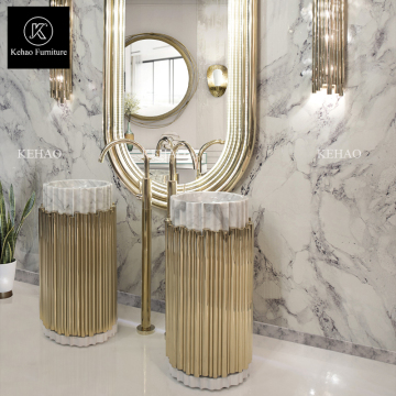 Custom Luxury Bathroom Mirrors and Stainless Steel Frame White Marble Sink