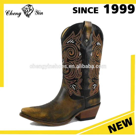 Global Popular cheap price golden stiching wood rubber western cowboy boots women