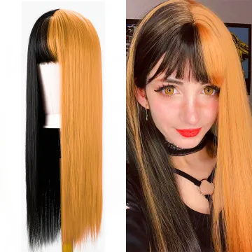 Alileader 26 inch Half Blonde Half Black Wig Long Straight Hair with Bangs Cosplay Natural Wavy Wig for Women Cosplay Party Show