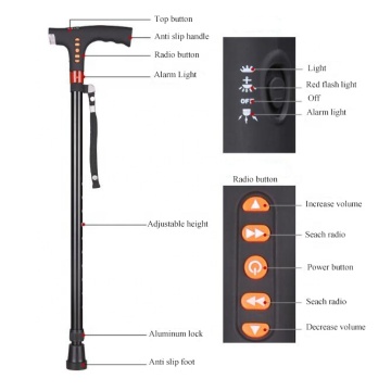 Adjustable Collapsible Walking Stick with FM Radio, LED Light, and S.O.S Alarm