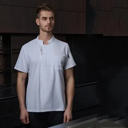 Small Grid Embroidery Chef Coat for Kitchen and Restaurant Work
