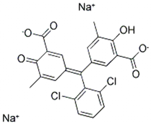 Name: Benzoic acid,5-[(3-carboxy-5-methyl-4-oxo-2,5-cyclohexadien-1-ylidene)(2,6-dichlorophenyl)methyl]-2-hydroxy-3-methyl-,sodium salt (1:2) CAS 1796-92-5