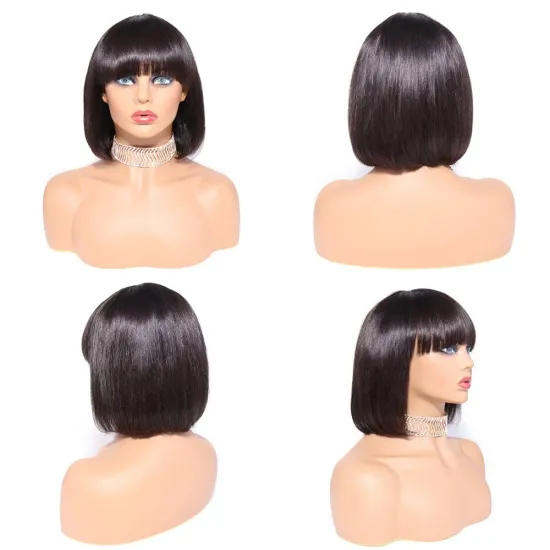 Wholesale Short  Bob  Human Wigs With Bangs For Black Women, Non Lace Cheap Brazilian Remy Human Hair Wigs