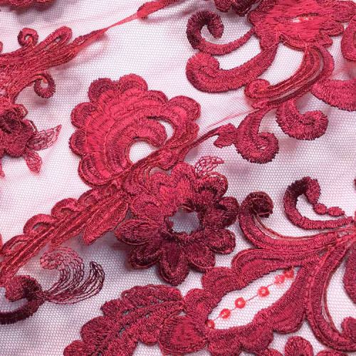 Red Corded Lace Embroidery Fabric