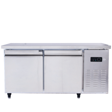 Stainless Steel Commercial Kitchen Equipment: 2-Door Refrigerator, Workbench, and Bar Counter