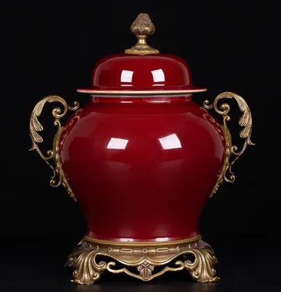 Chinese High-end Copper Inlaid Oriental Red Ceramic Vase