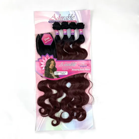Hot sale Adorable  Synthetic Hair Bundles With Free Machine Made 4*4 Lace Closure Amazing Body Wave 4pcs 24Inch T Color