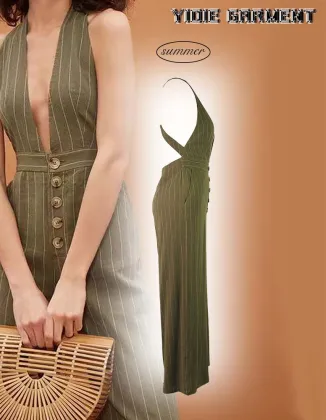 Sexy Deep V Ladies Backless Striped Jumpsuit