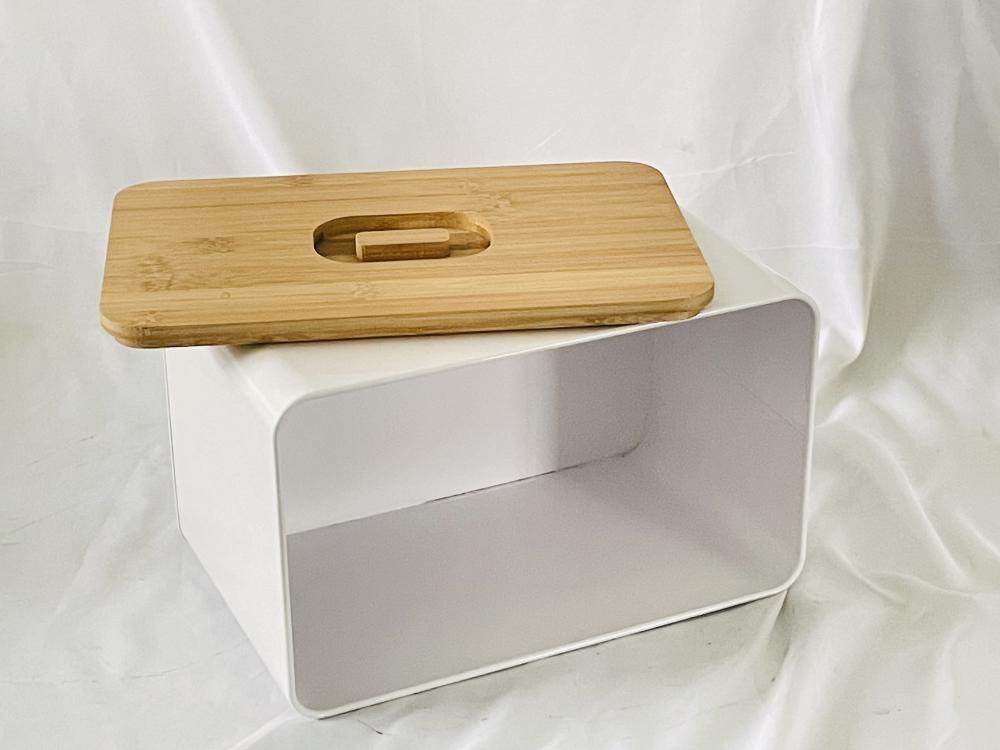 White Metal Wood Lid Bread Box