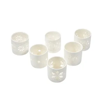Desktop Night Light White Ceramic Tealight Holder with Snowflake Cut-Out Design