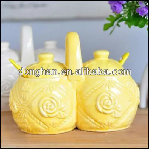 creative flower embossed ceramic spice jar set with lid and spoon
