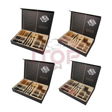 Modern 24-Piece Gold Fork Spoon Knife Set for Weddings - Stainless Steel Hanging Cutlery Set