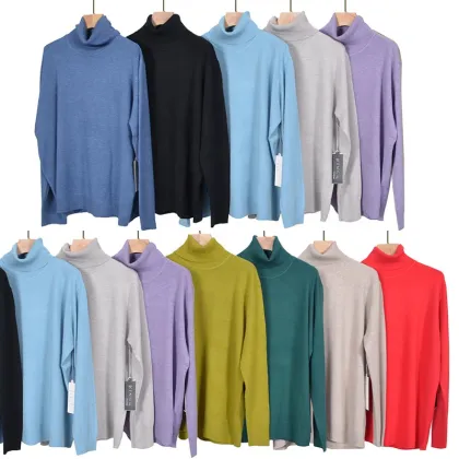 Blue Ripped Turtleneck Knitwear Wool Sweater for Women