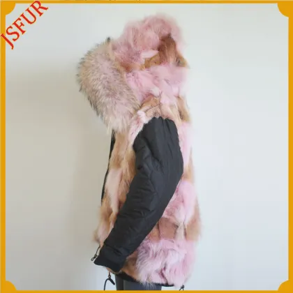 Jsfur Wholesale Fashion Clothing Pink Wolf Fur Parka Inside