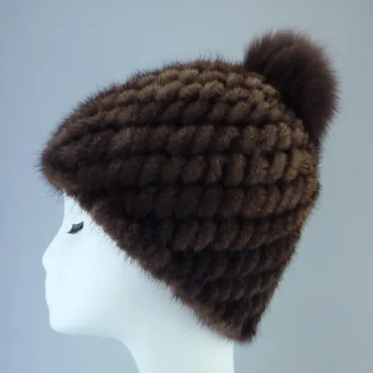 knitted winter hat women beanie hat with fur pom poms mink fur hat