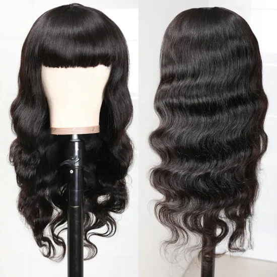 10A machine made wig Breathable Body Wave Human Hair Wig With Bangs None Lace Machine Made Wig