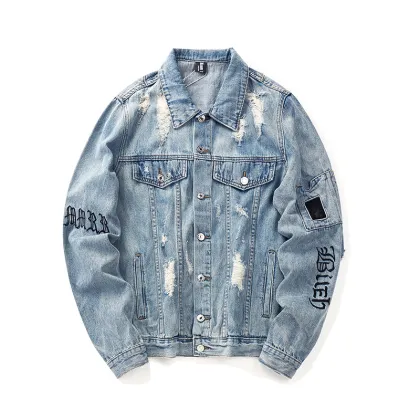 Loose blue letter embroidery men denim jacket cotton torn designer denim jacket