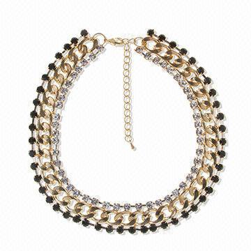Chunky Chain Necklace with Black and Clear Glass Stone, Matching Bracelet is Available
