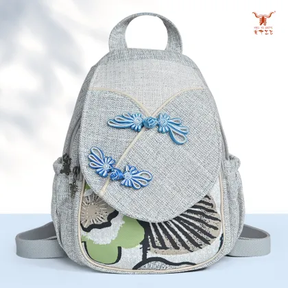 Elegant Cotton and Linen Backpack with Cheongsam Knot Button