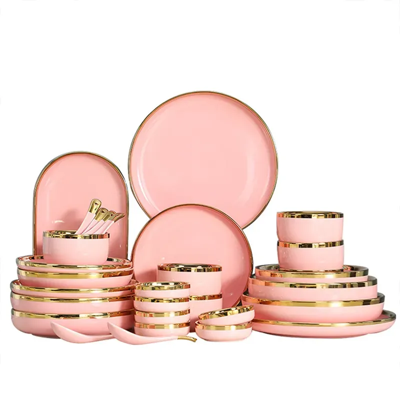 Pink Ceramic Dinner Plate Bowl Set