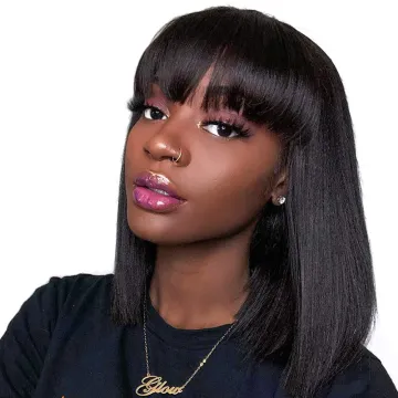 Wholesale Straight Bob wigs with bang human hair, natural black long wig with bangs, human hair wigs with bangs