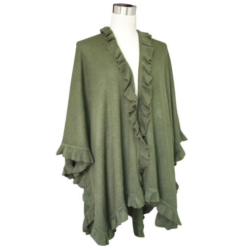 Ladies Green Acrylic Knitted Fashion Ruffle Shawl