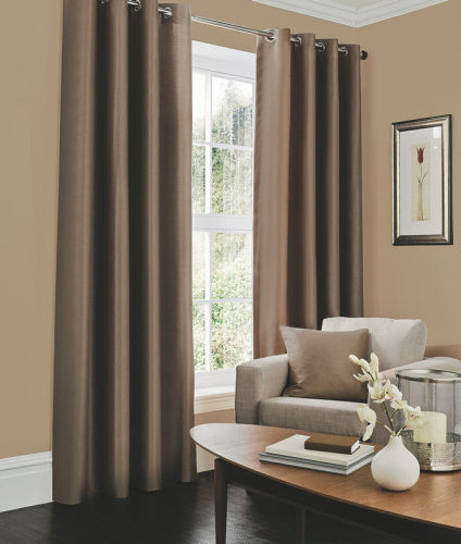 Plain Decorative Custom Faux Silk Curtain Grey Brown ，eyelet Window Curtains